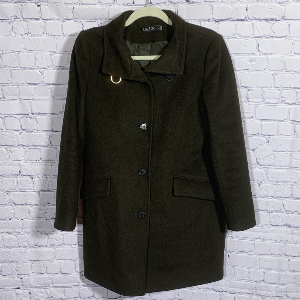 Lauren Ralph Lauren Womens Wool Buckle Collar Coat Dark Army Green Sz 4 Preppy